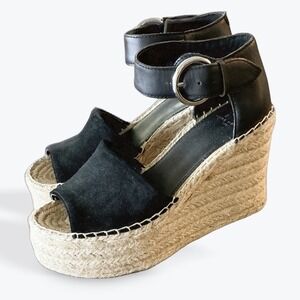 Marc Fisher LTD Alida Black Leather Suede Espadrille Wedge Sandals MLALIDA 6.5M